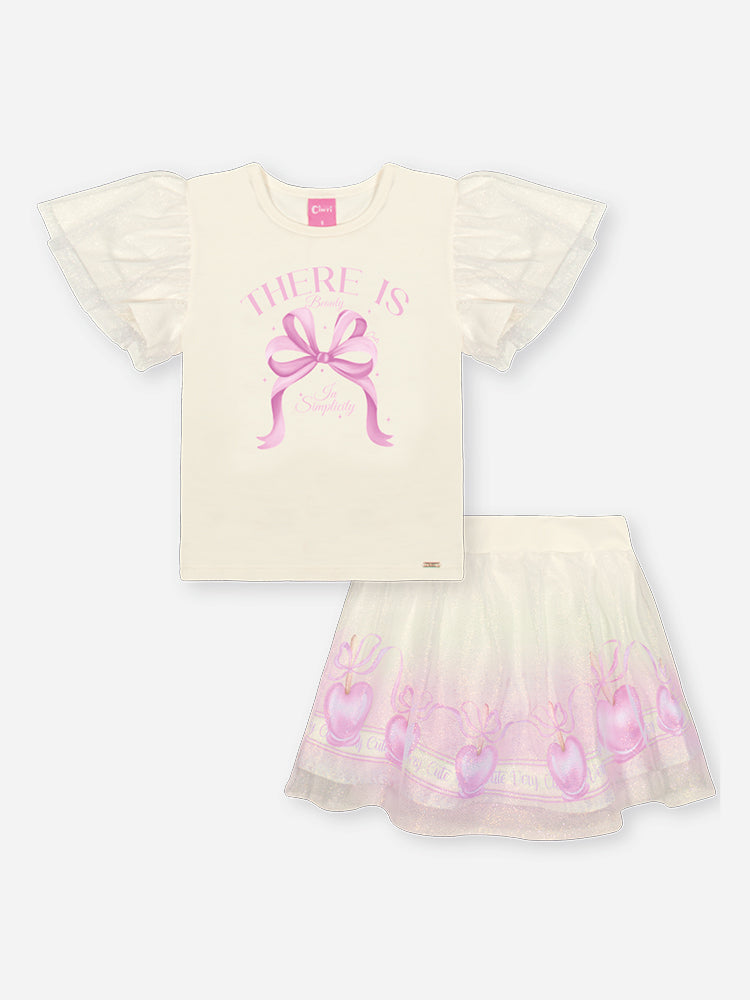 Conjunto Infantil Cinti Verão com Saia em Tule Lilás e Blusa Branca Lacinho