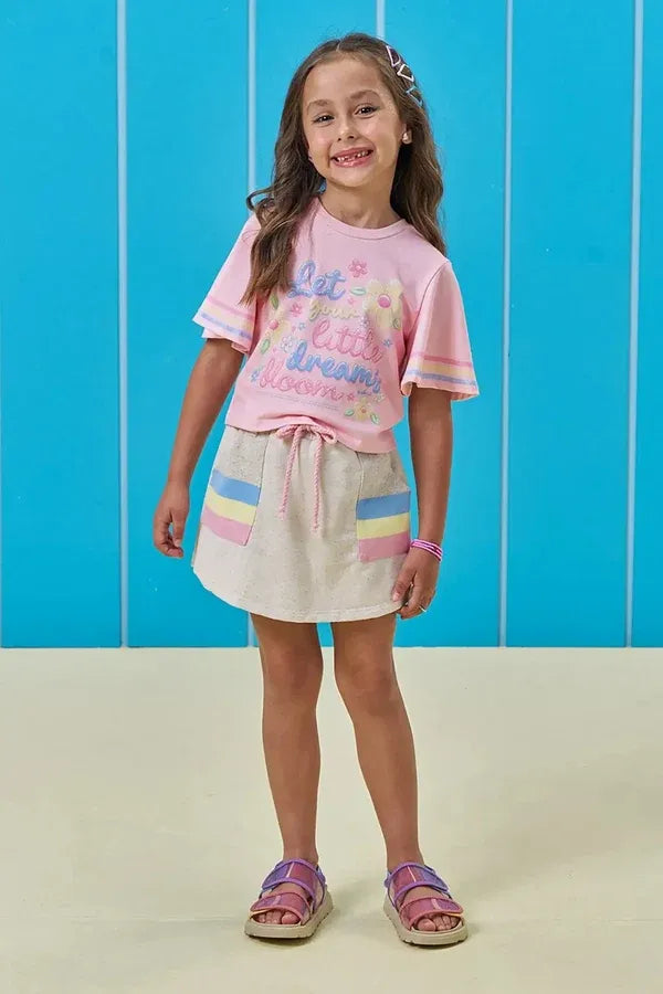 Conjunto Infantil Menina Kukiê com Shorts e Blusa Rosa Florzinha