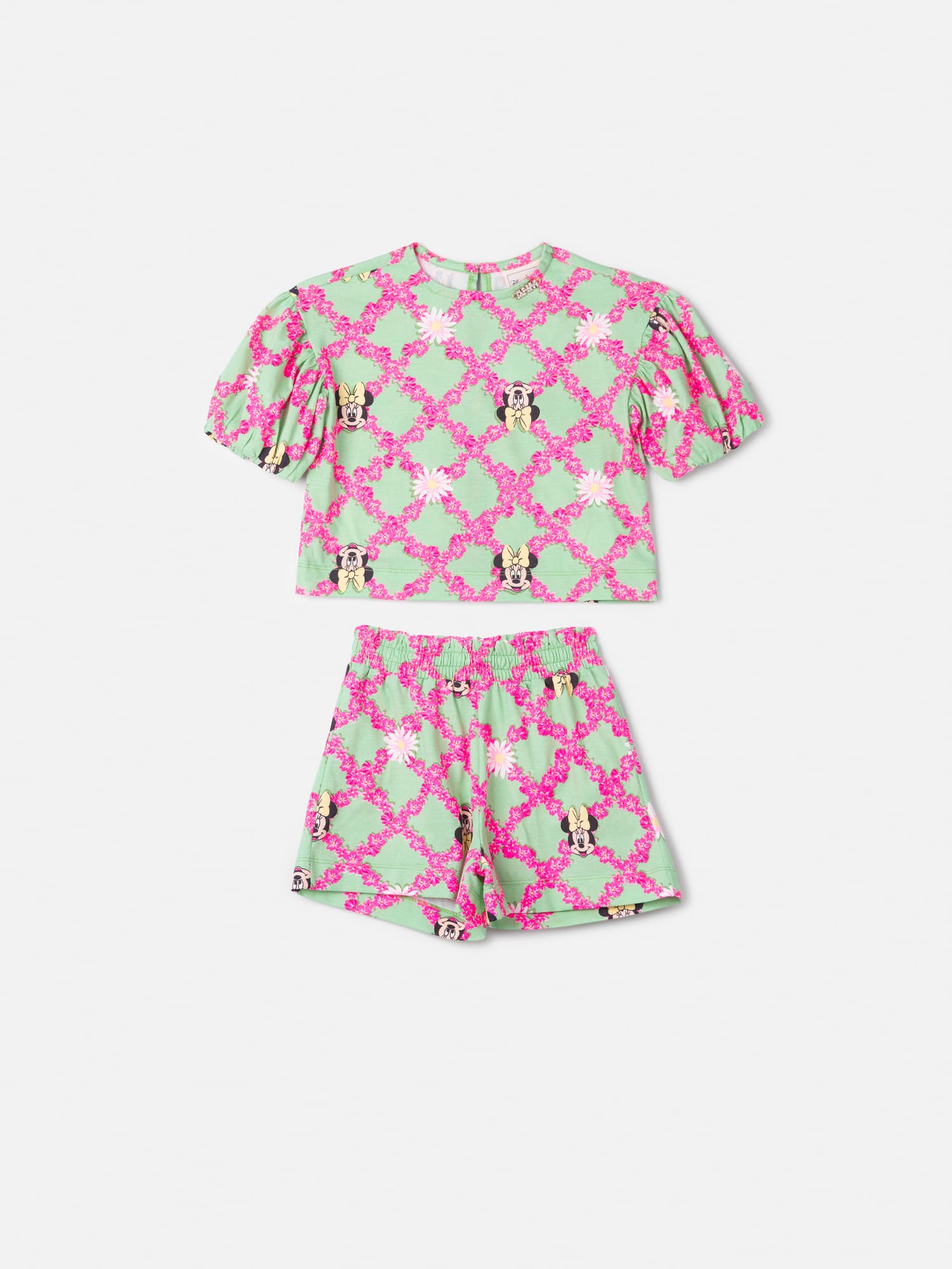 Conjunto Infantil Animê Verão com Shorts e Blusa Verde Minnie Floral Disney