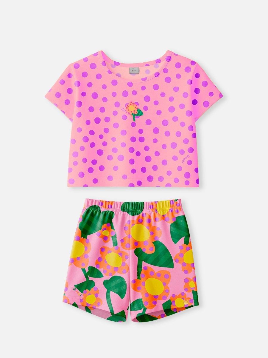 Conjunto Infantil Bimbi Verão com Shorts Lilás e Blusa Laranja Bolinhas