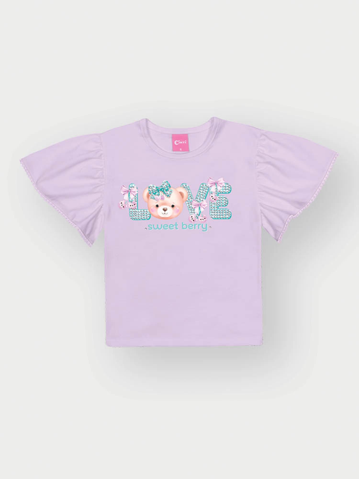 Conjunto Infantil Cinti Verão com Shorts e Blusa Lilás Ursinha Love com Strass