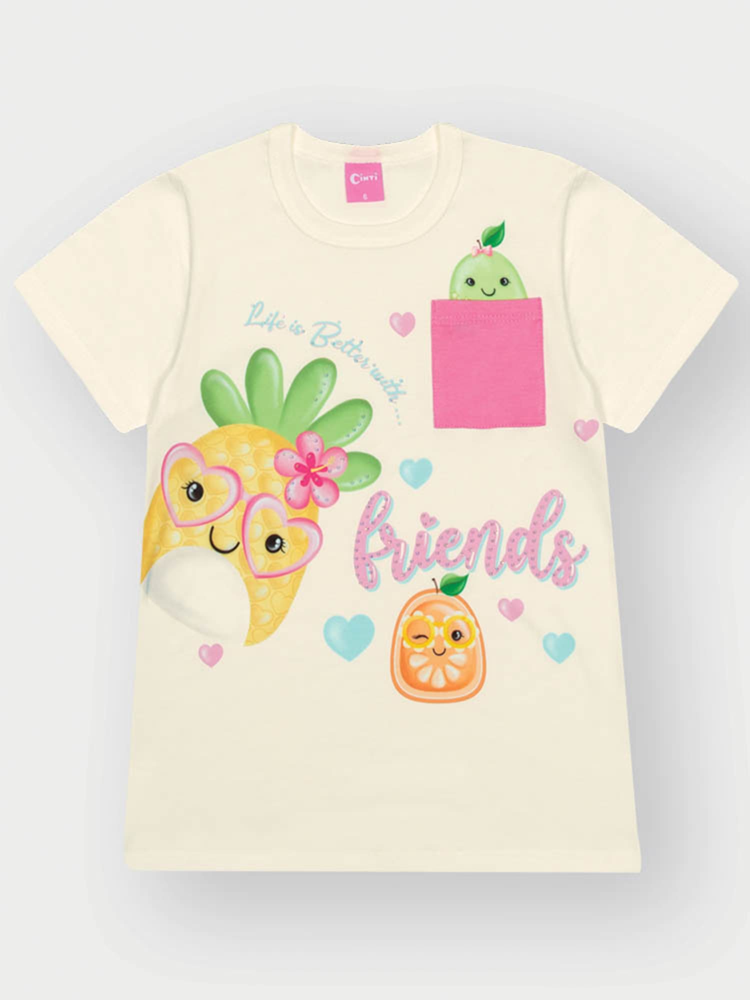 Conjunto Infantil Cinti Verão com Shorts Ciclista Azul e Blusa Branca Frutinhas