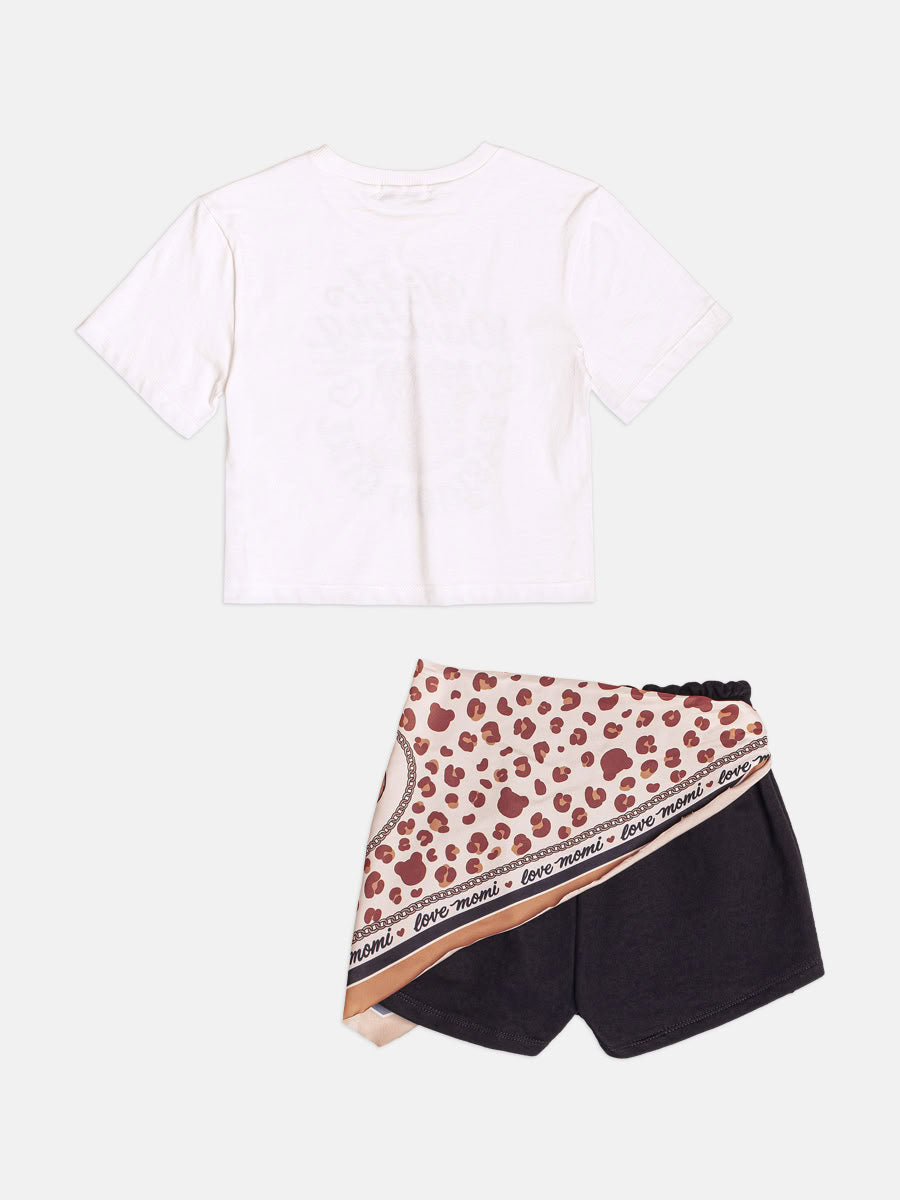Conjunto Infantil Momi Inverno, Shorts Preto com Lenço e Blusa Manga Curta Fashion Girl