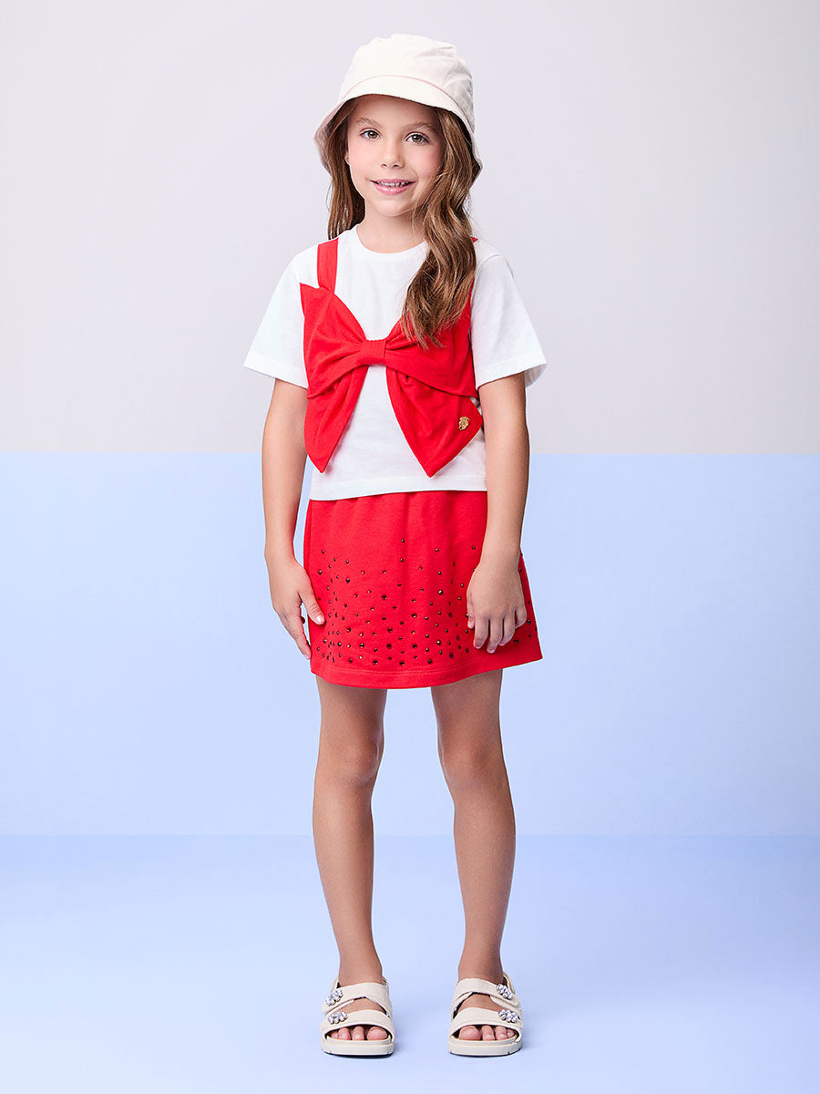 Conjunto Infantil Momi Verão Shorts Saia Vermelha e Blusa Laço Vermelho
