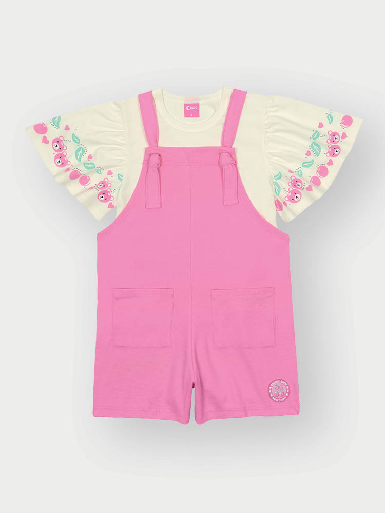 Jardineira Infantil Cinti Verão Rosa com Blusa Branca Cerejinha