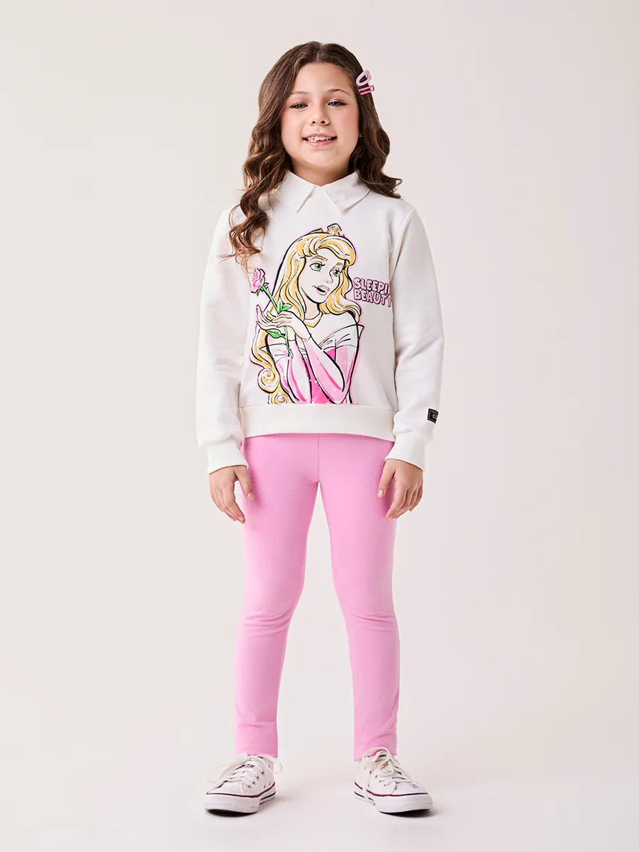 Conjunto Infantil Bimbi Inverno com Calça Legging Rosa e Moletom Sem Flanela Branco Aurora