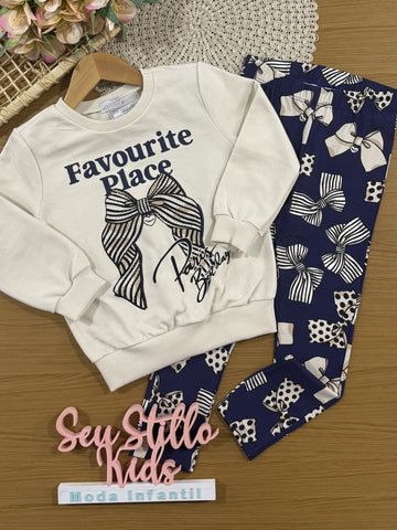 Conjunto Infantil Momi Inverno com Calça Azul e Moletom sem Flanela Bege Lacinho