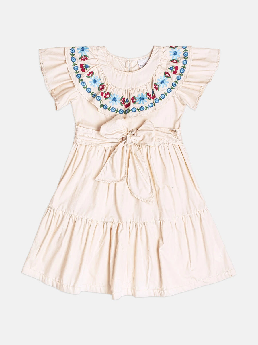 Vestido Infantil Momi Inverno Bege com Bordado Flores