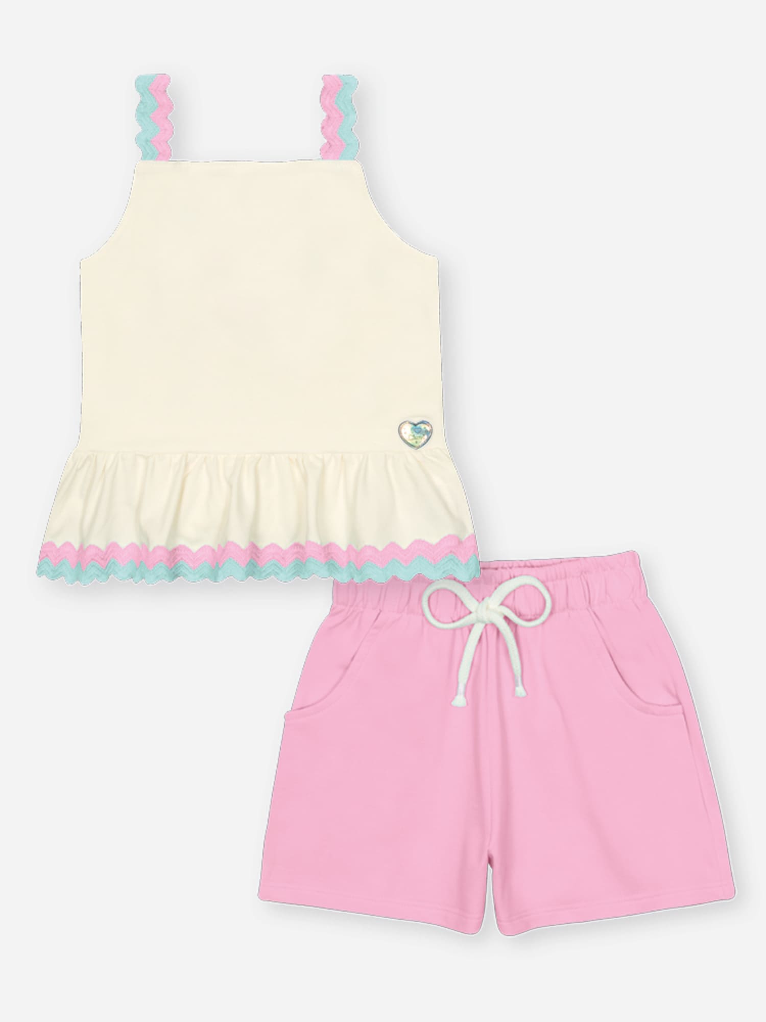 Conjunto Infantil Cinti Verão com Shorts Rosa e Cropped Branco
