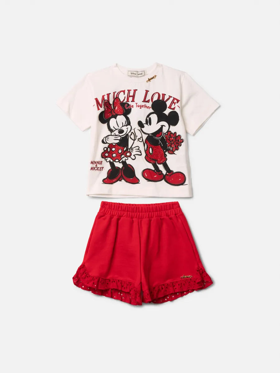 Conjunto Infantil Menina Animê Shorts Vermelho e Blusa Minnie e Mickey Strass Disney