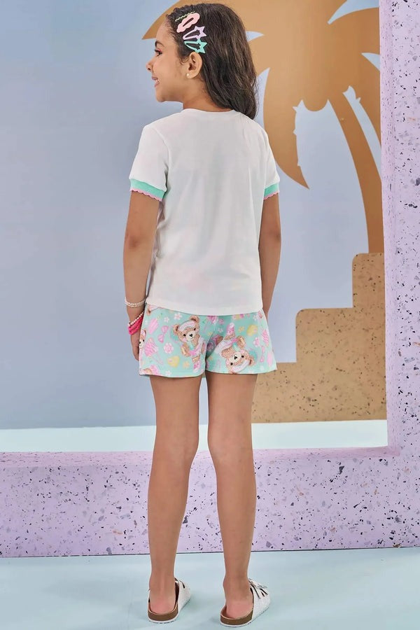 Conjunto Infantil Kukiê Verão com Shorts Saia Verde e Blusa Branca Ursinha Tênista