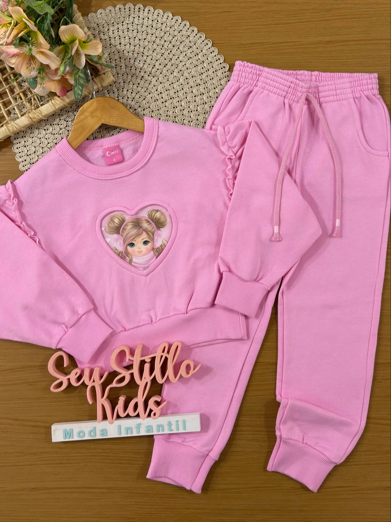 Conjunto Infantil Cinti Inverno com Calça e Moletom Flanelado Rosa Menininha Corção