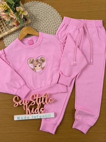 Conjunto Infantil Cinti Inverno com Calça e Moletom Flanelado Rosa Menininha Corção