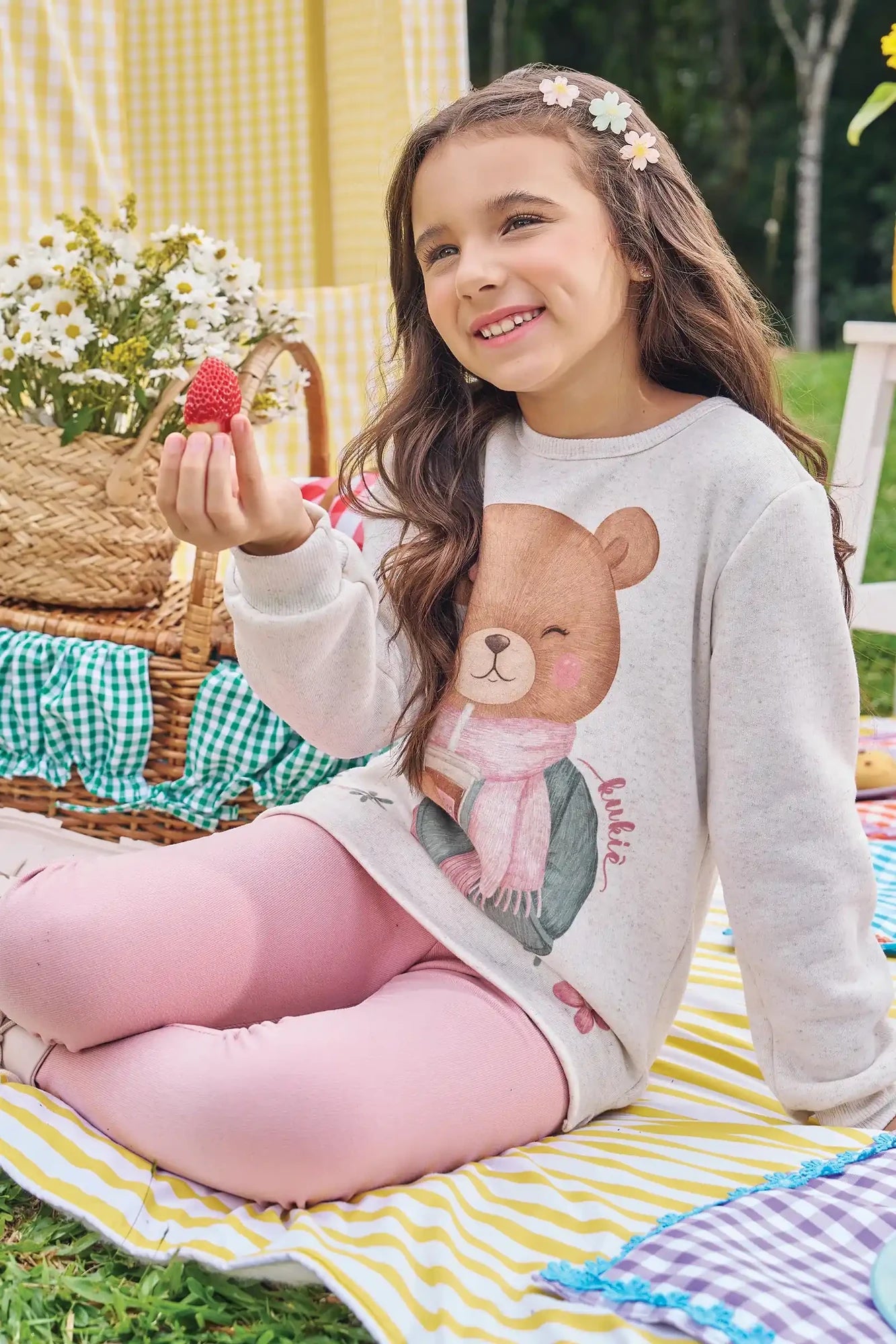 Conjunto Infantil Kukiê Inverno com Calça Legging Rosa e Moletom Flanelado Ursinha Flor
