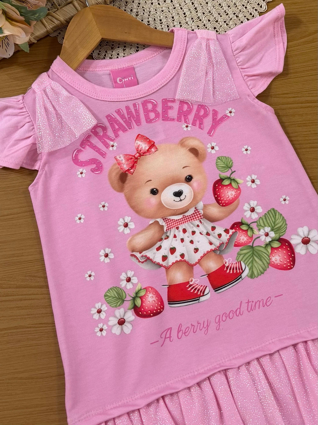 Vestido Infantil Cinti Verão Rosa Ursinha Strawberry