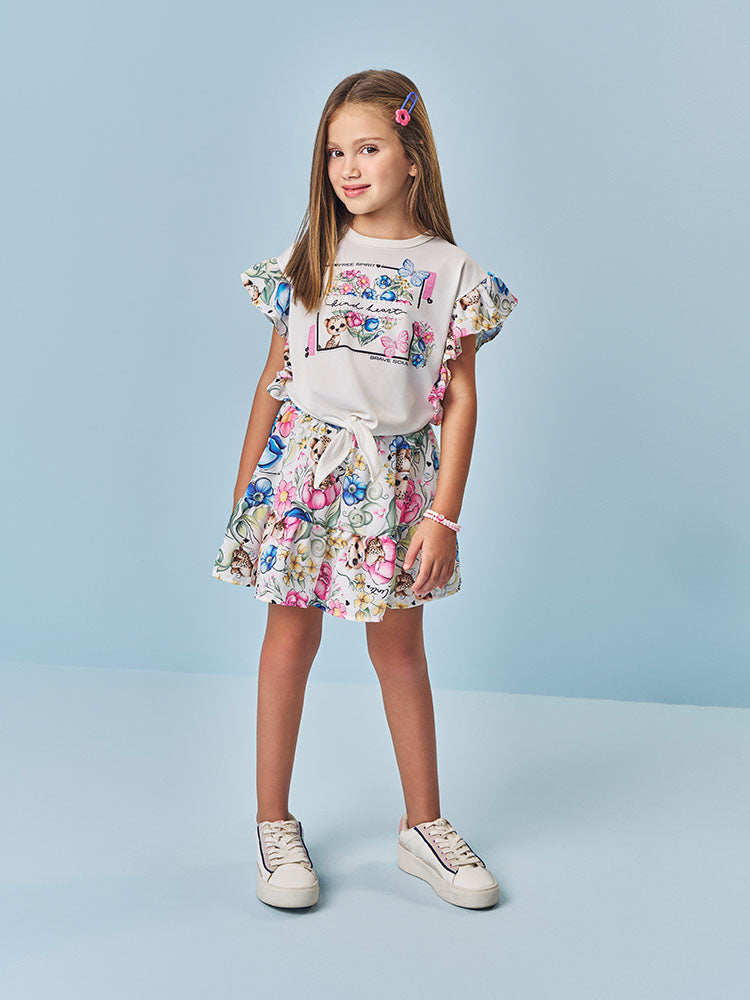 Conjunto Infantil Cinti Verão com Saia e Blusa Branca Oncinha Floral