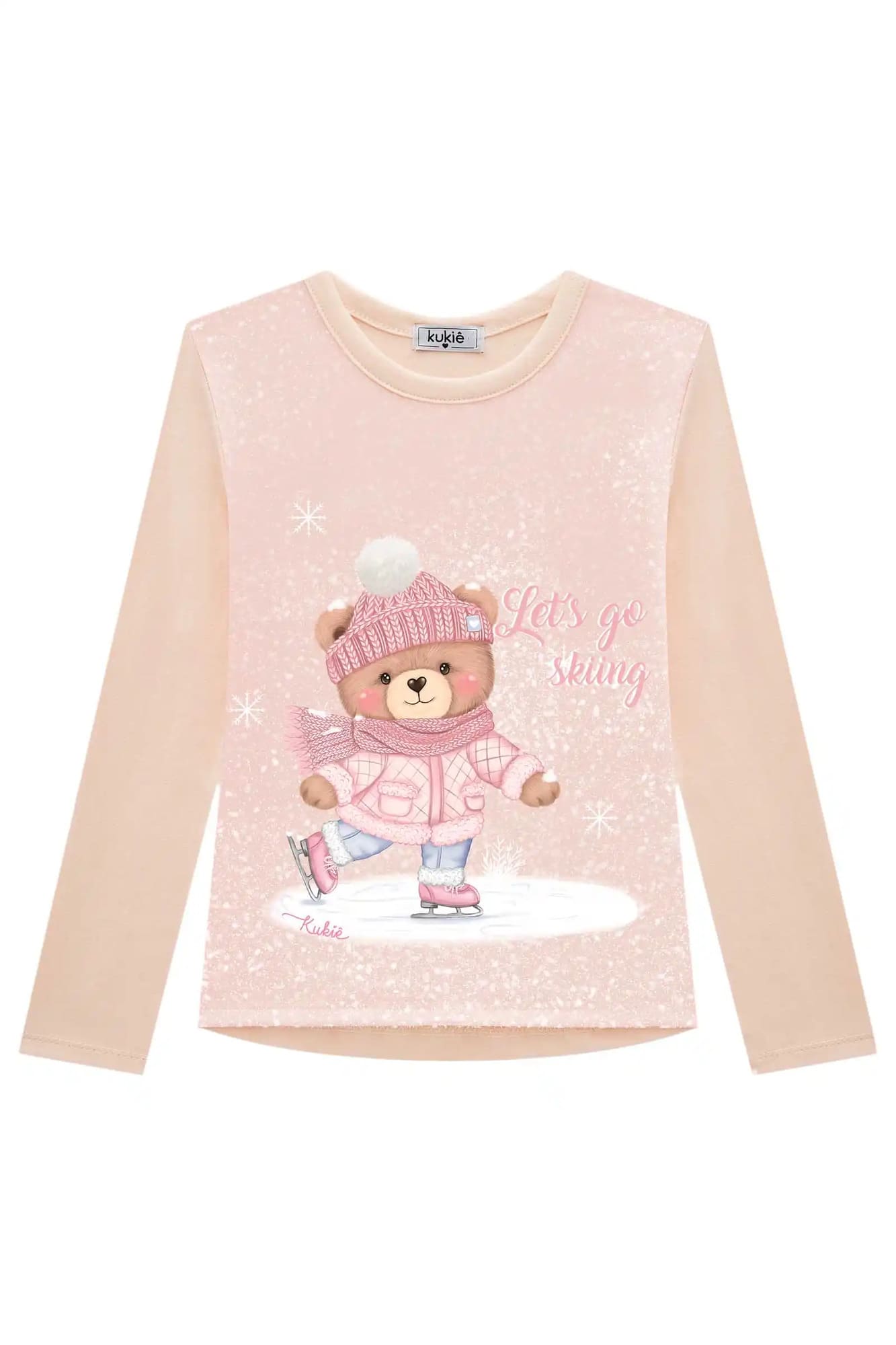 Blusa Infantil Kukie Inverno Manga Longa Rosa Ursinha na Neve