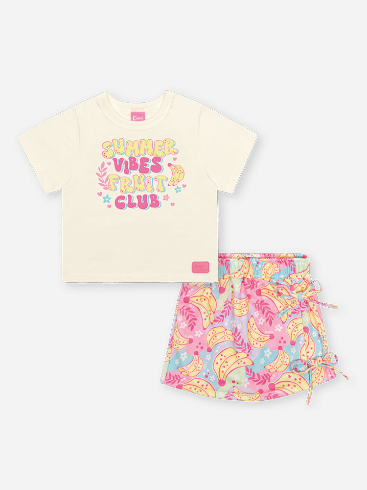 Conjunto Infantil Cinti Verão com Shorts Saia Colorido e Blusa Branca Frutinhas