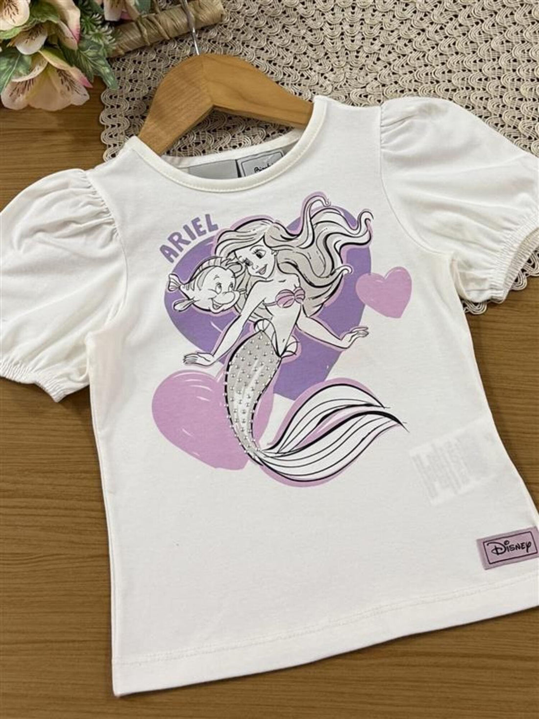 Conjunto Infantil Bimbi Verão com Saia em Tule Rosa e Blusa Branca Ariel Disney