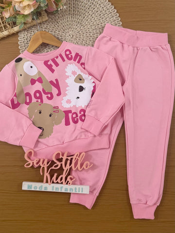 Conjunto Infantil Bimbi Inverno com Calça e Moletom sem Flanela Rosa Cachorrinhos