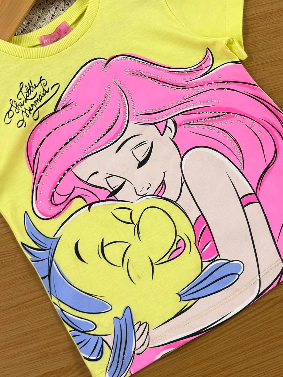 Blusa Infantil Menina Momi Amarela Pequena Sereia Strass Disney