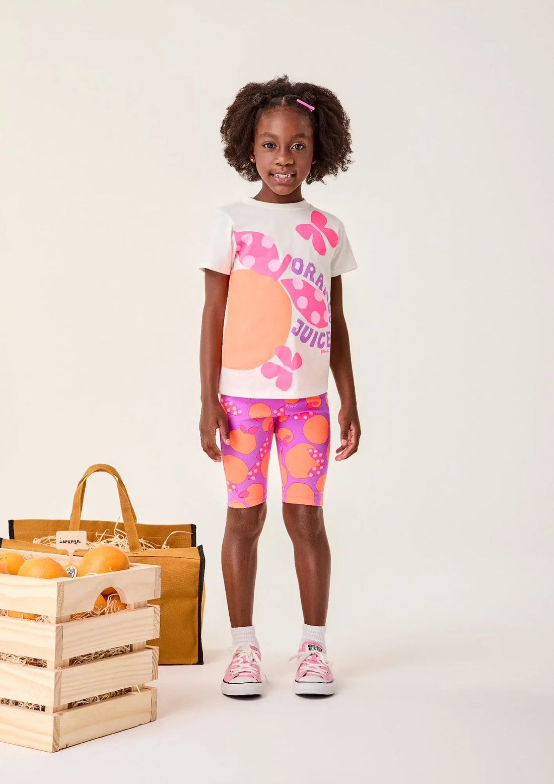 Conjunto Infantil Menina Bimbi com Shorts Ciclista Roxo e Blusa Branca Laranjinha