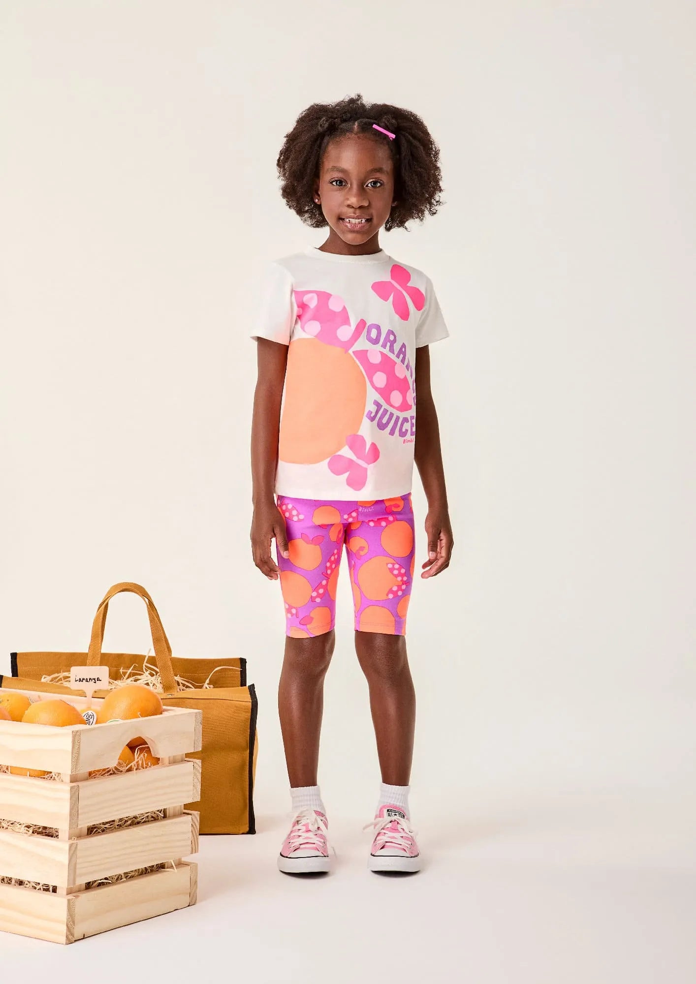 Conjunto Infantil Menina Bimbi com Shorts Ciclista Roxo e Blusa Branca Laranjinha