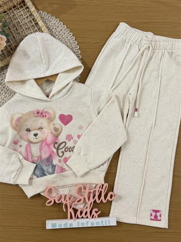 Conjunto Infantil Cinti Inverno com Calça e Moletom Flanelado Off White Ursinha Coração