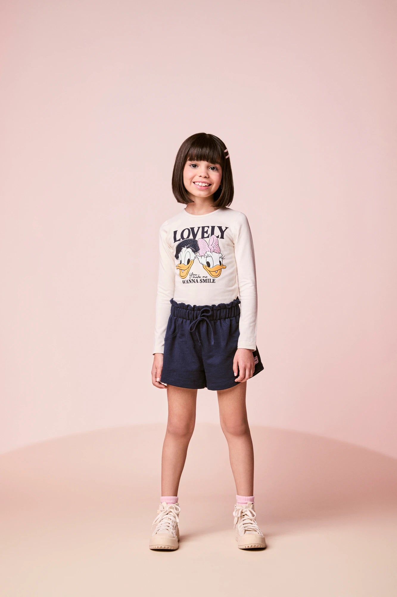 Conjunto Infantil Momi Inverno com Shorts e Blusa Manga Longa Bege Margarida e Donald Lovely