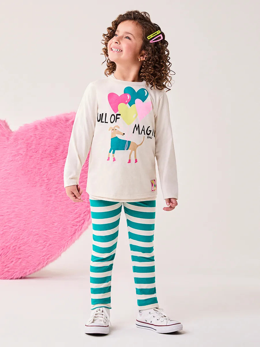 Conjunto Infantil Bimbi Inverno com Calça Legging e Blusa Manga Longa Bege Cachorrinho Love