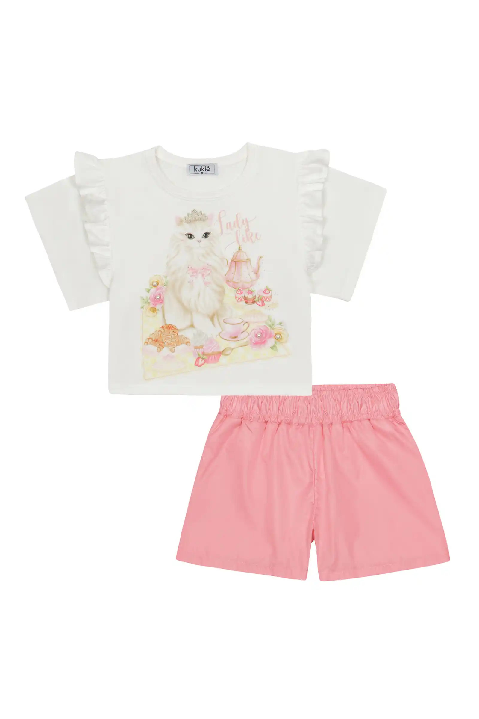 Conjunto Infantil Kukiê com Shorts Rosa e Blusa Manga Curta Gatinha