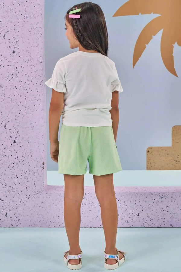 Conjunto Infantil Kukiê Verão com Shorts Verde e Blusa Branca Sandalinha com Laço