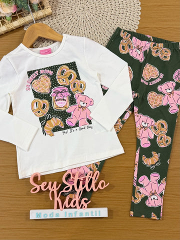 Conjunto Infantil Momi Inverno com Calça Legging Verde e Blusa Manga Longa Docinhos