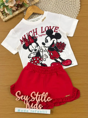Conjunto Infantil Menina Animê Shorts Vermelho e Blusa Minnie e Mickey Strass Disney
