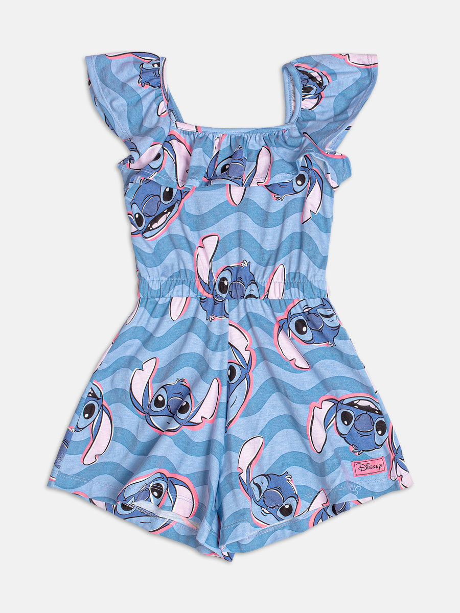 Macacão Curto Infantil Momi Verão Azul Ondas Stitch Disney