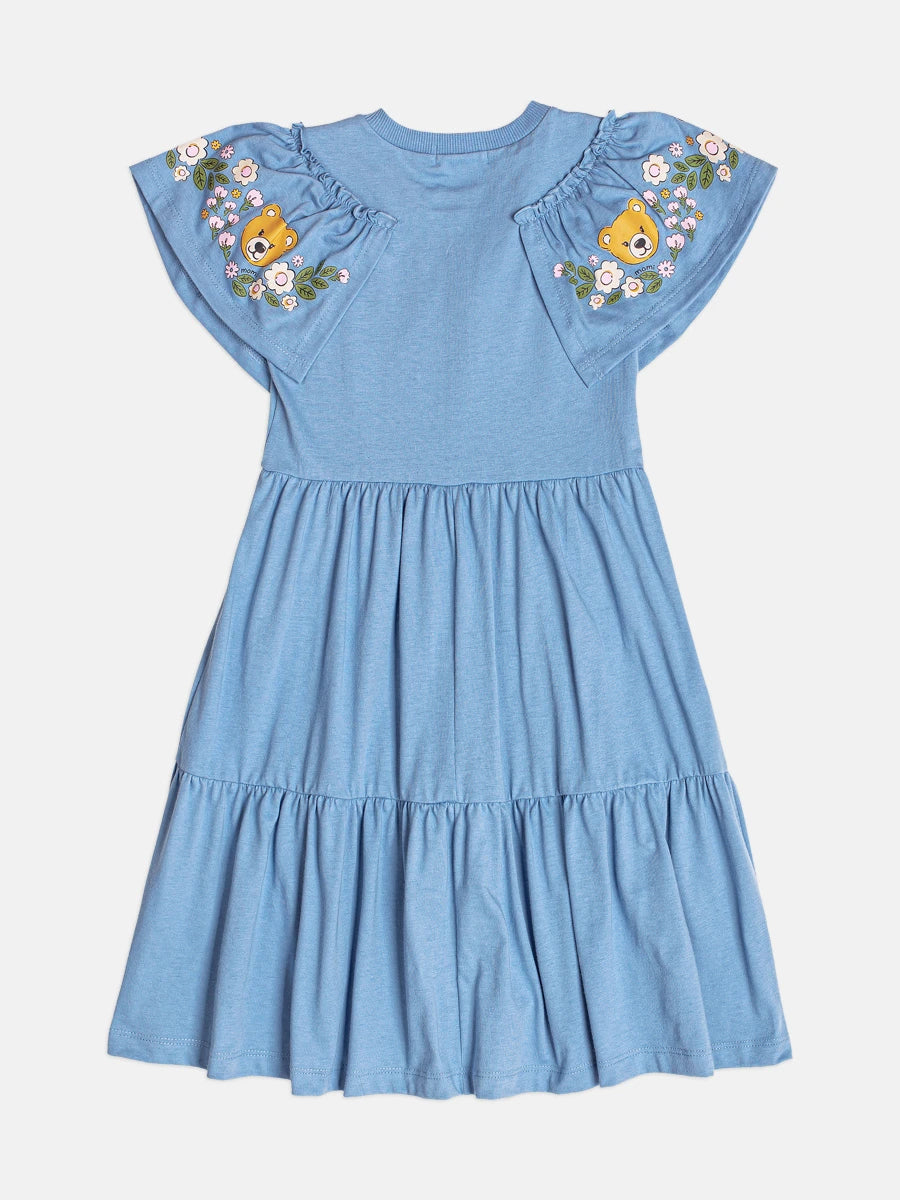 Vestido Infantil Momi Inverno com Babado Azul Ursinho Floral