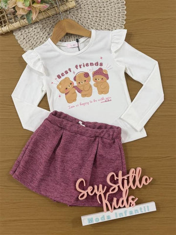 Conjunto Infantil Kukiê Inverno com Shorts Saia Rosa e Blusa Manga Longa Ursinha Best Friends