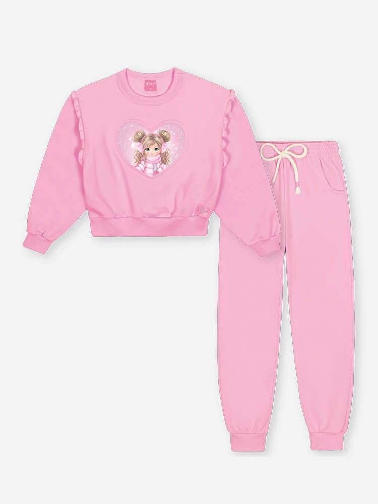 Conjunto Infantil Cinti Inverno com Calça e Moletom Flanelado Rosa Menininha Corção
