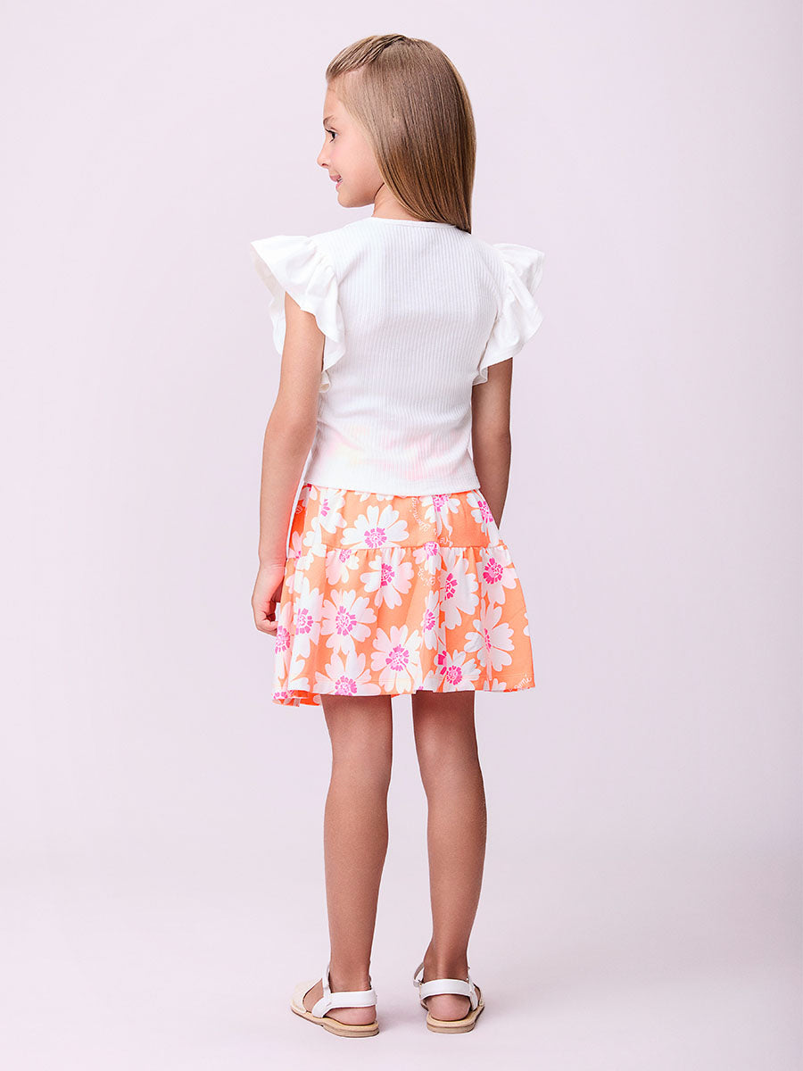 Conjunto Infantil Momi Verão Saia Laranja Flores e Blusa Grateful
