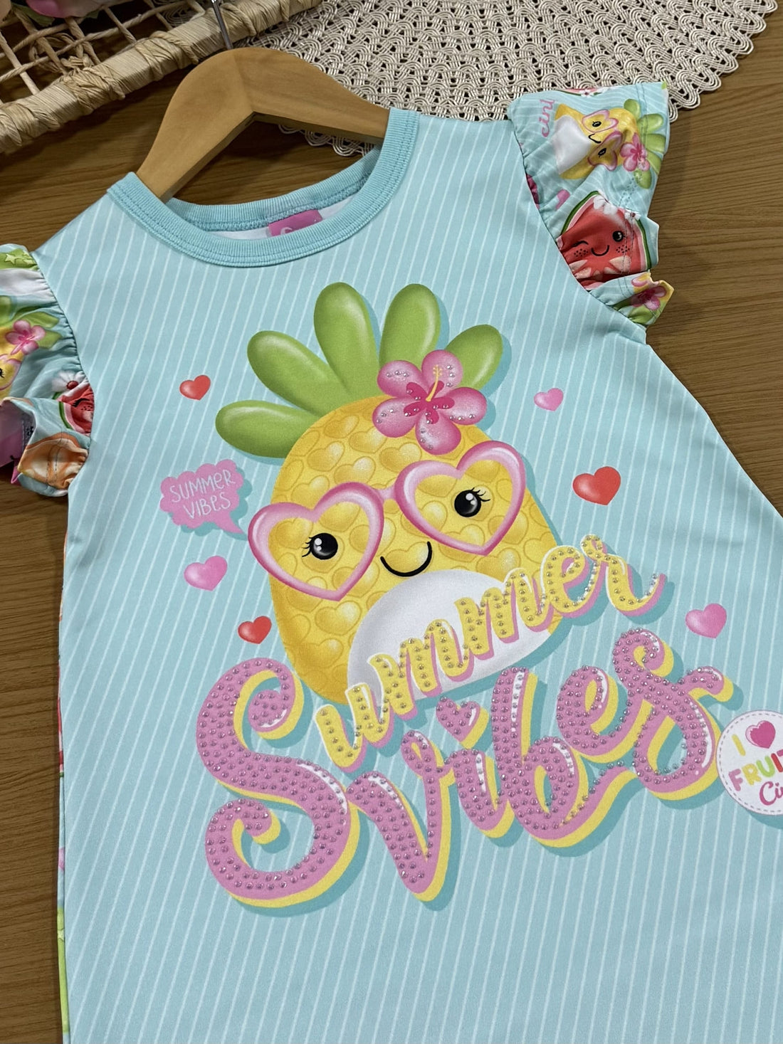 Vestido Infantil Cinti Verão Azul Frutinhas com Strass