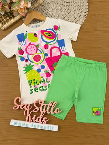 Conjunto Infantil Menina Bimbi Shorts Ciclista Verde e Blusa Bege Picnic