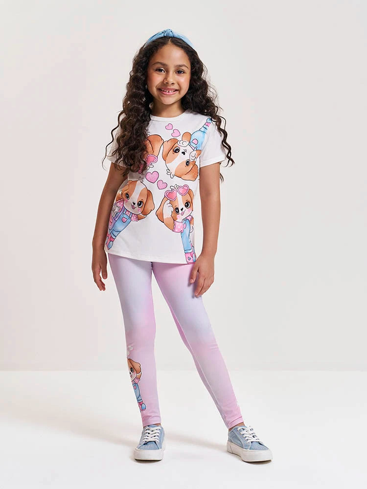 Conjunto Infantil Cinti Verão com Calça Legging Rosa e Blusa Cachorrinhos