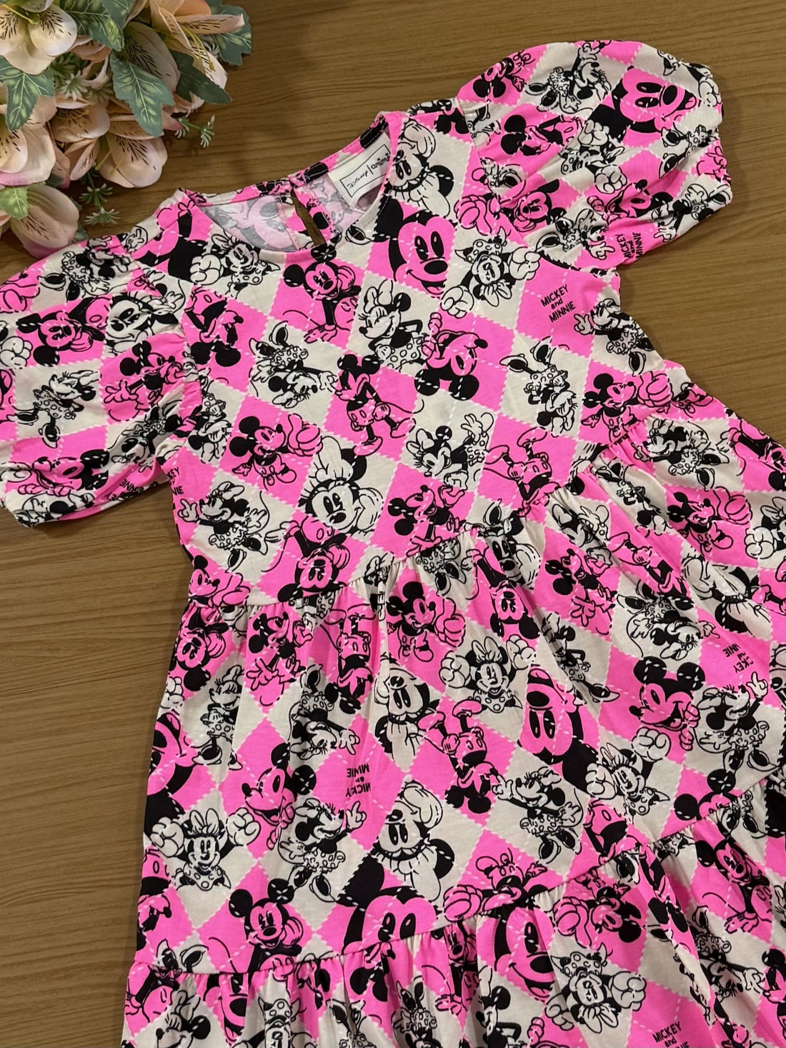 Vestido Infantil Animê Rosa Xadrez Minnie e Mickey Disney