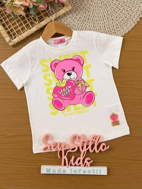 Blusa Infantil Momi Menina Branca Ursinha Love
