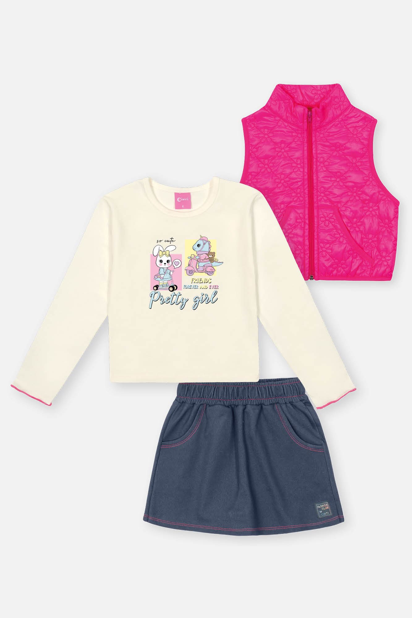 Conjunto Infantil Cinti Shorts Saia e Blusa Manga Longa com Colete Rosa Floral