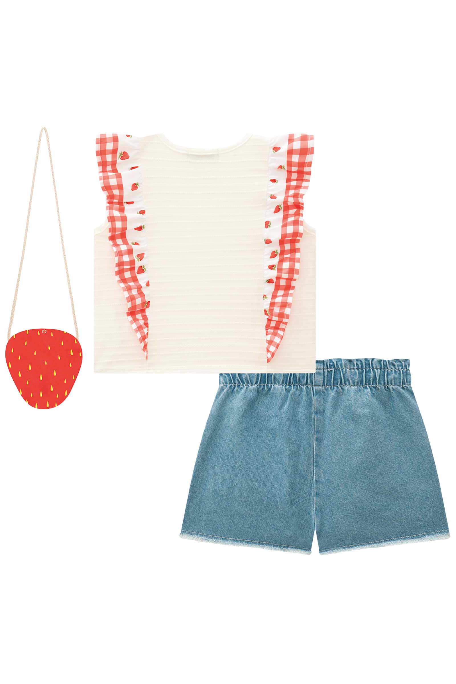 Conjunto Infantil Kukie Verão Shorts Jeans e Blusa Morango Com Bolsinha