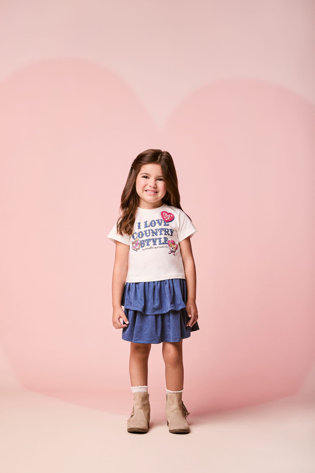 Conjunto Infantil Momi Inverno com Saia Azul e Blusa Manga Longa Love Country
