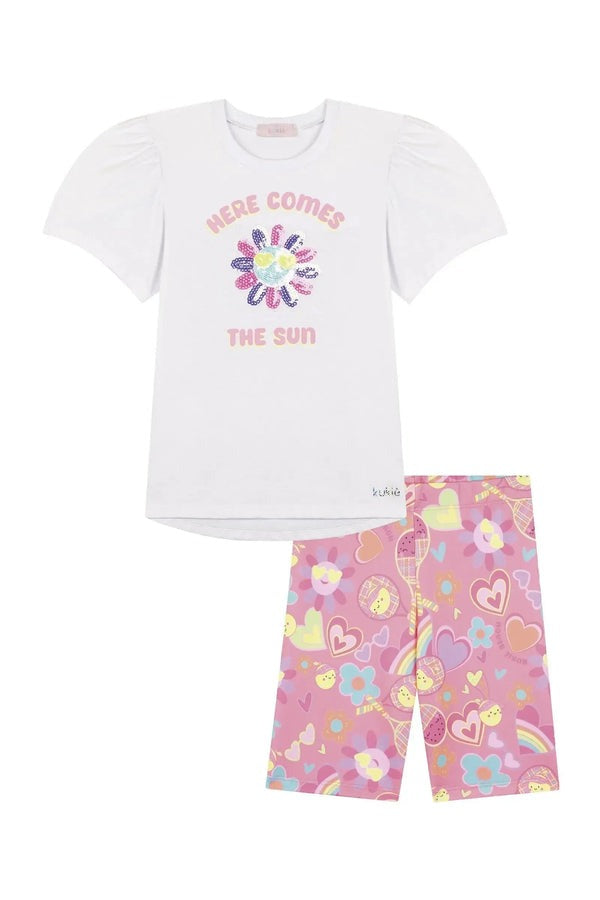 Conjunto Infantil Kukiê Verão com Shorts Ciclista Rosa e Blusa Branca Flozinha