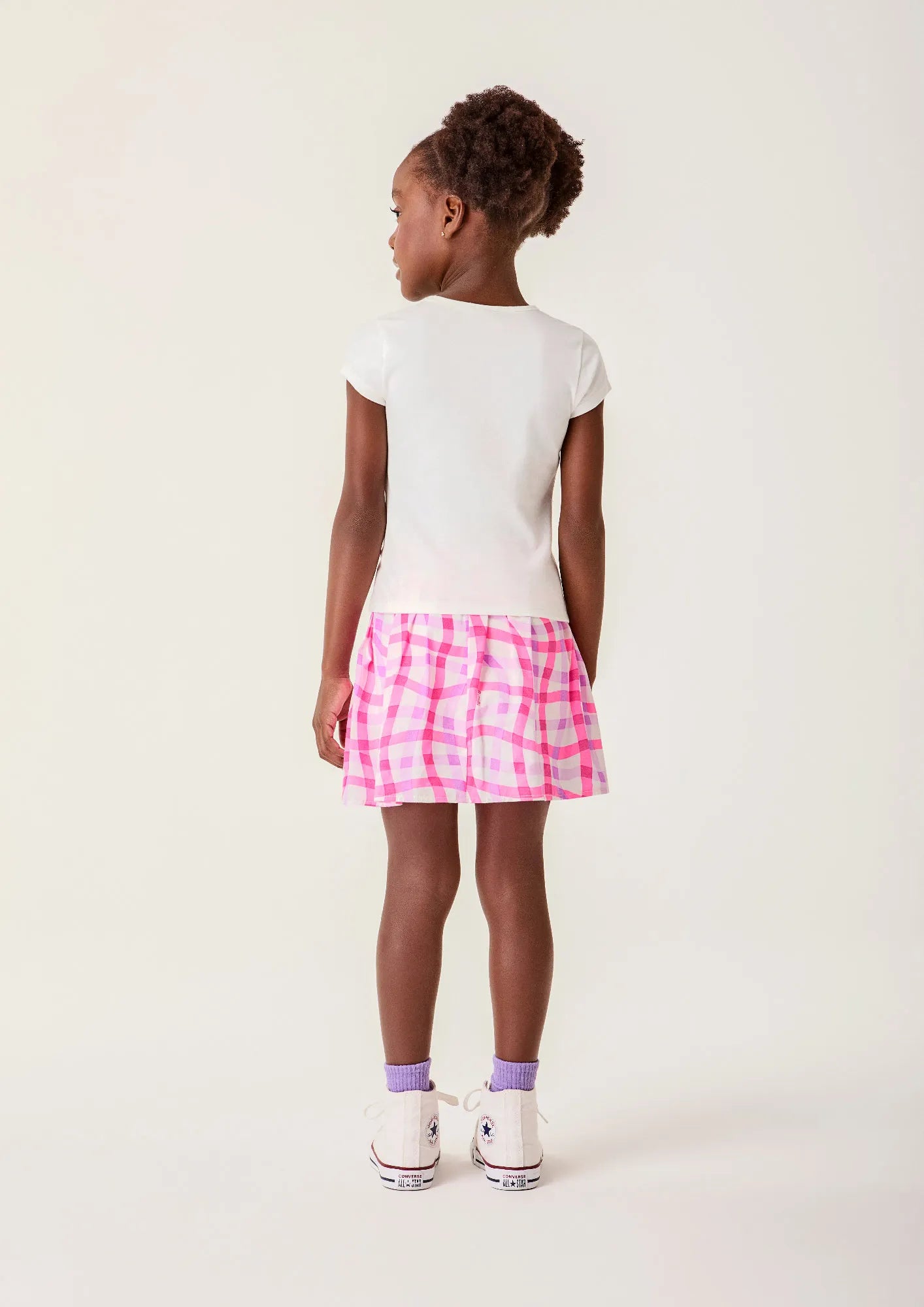 Conjunto Infantil Menina Bimbi com Saia Xadrez Rosa e Blusa Branca Laranjinhas