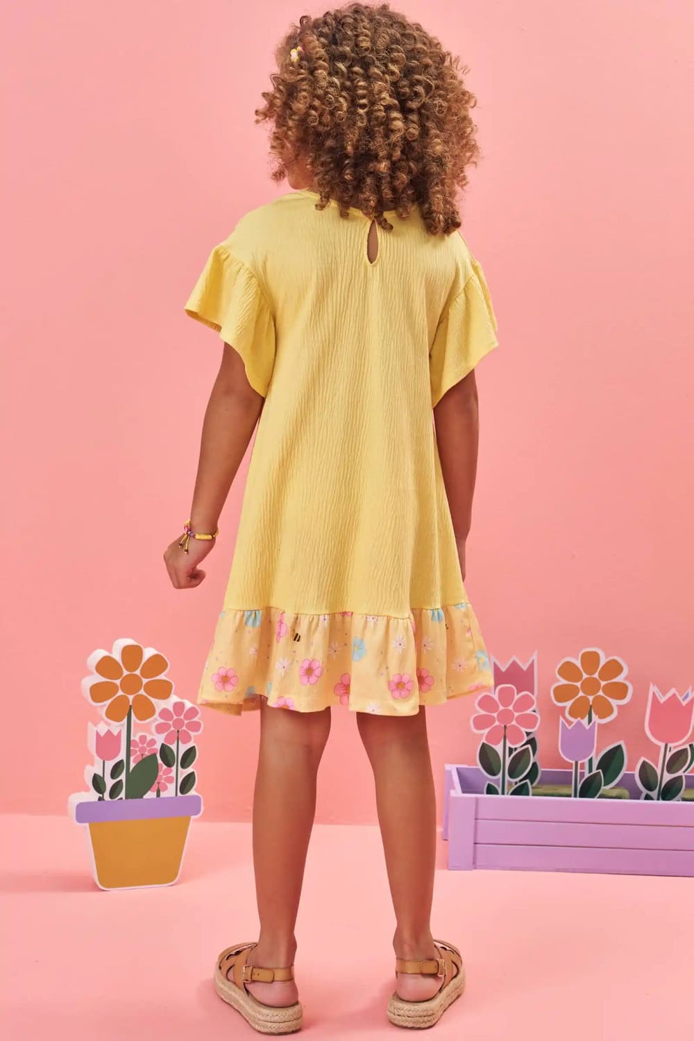Vestido Infantil Kukie Verão Amarelo Ursinha Flores